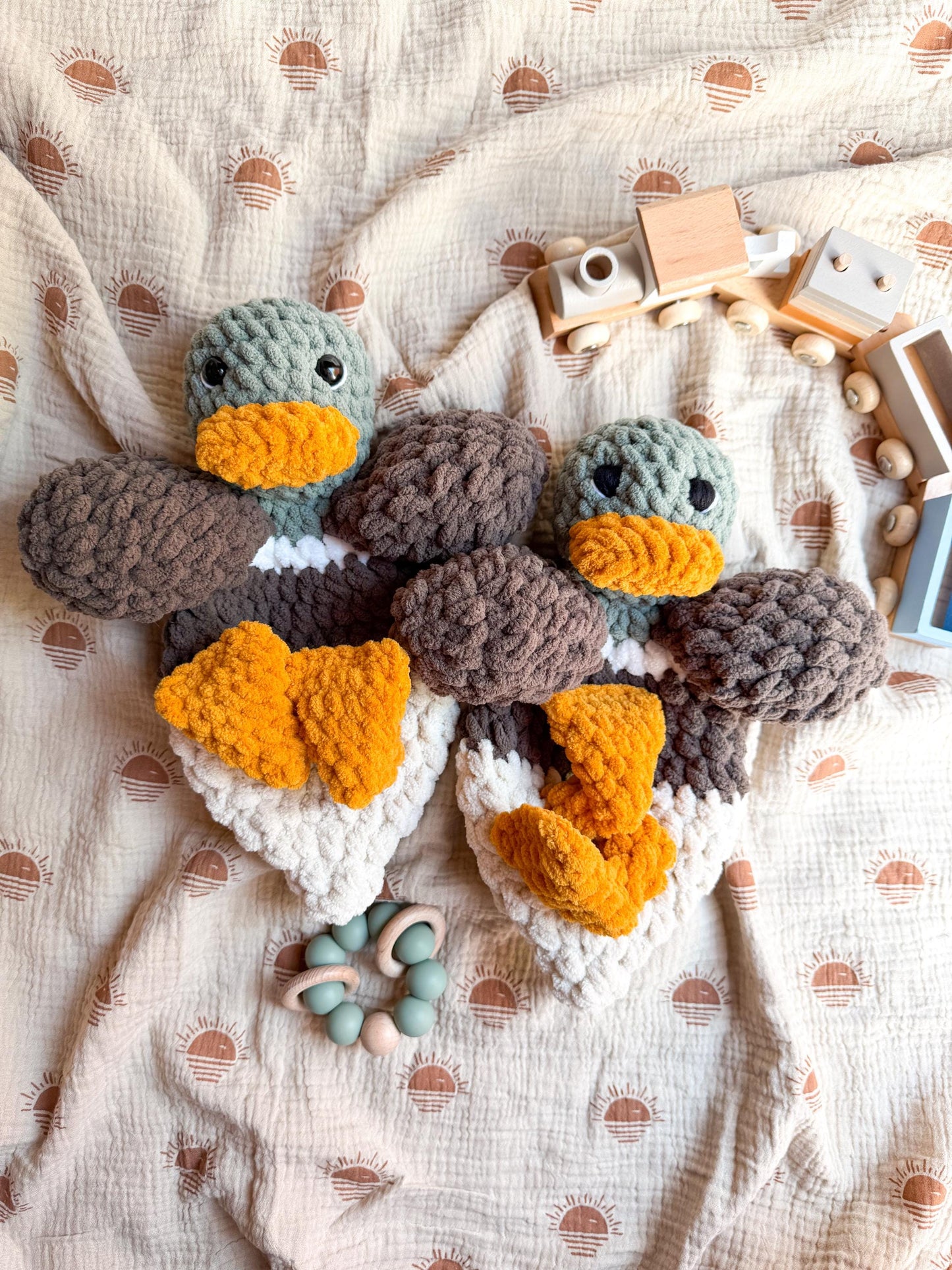 Handmade Mallard Duck Lovey – Crochet Baby Snuggler & Soft Security Blanket – Baby Shower Gift
