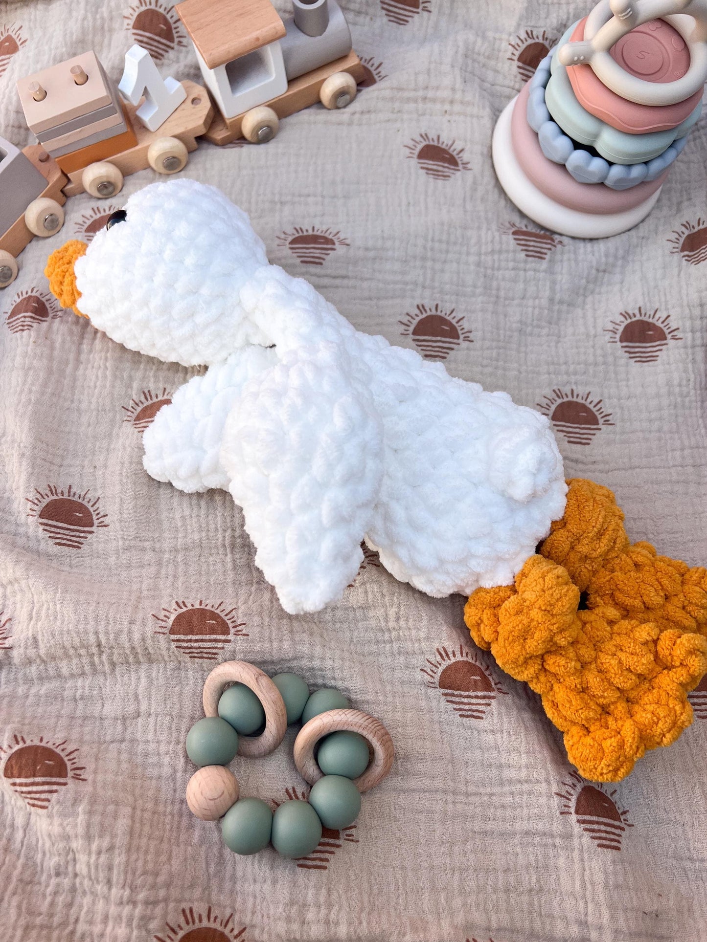 Handmade Crochet Goose Lovey – Soft Baby Snuggler & Security Blanket – Gender Neutral Baby Shower Gift