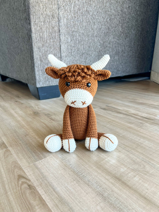 Highland Cow Stuffed Animal – Crochet Scottish Cow Plush – Handmade Farm Gift